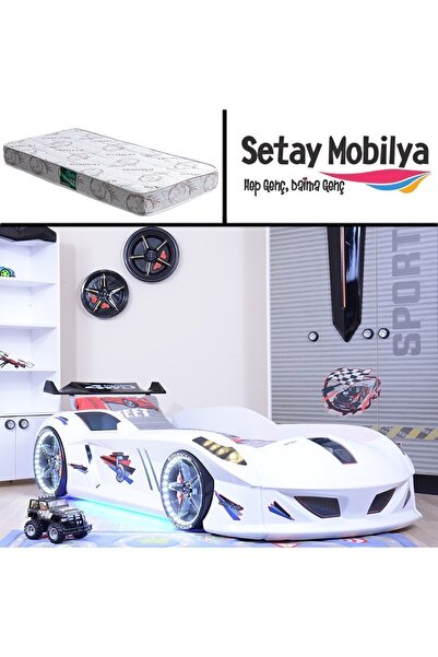 Setay Arabalı Yatak, Jaguar Rüzgarlıklı Full Ledli Arabalı Yatak - Beyaz 1 Ad...
