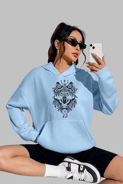 Nyda Collections Hanorac supradimensionat unisex cu glugă cu imprimeu Leu - mânecă lungă, bumbac