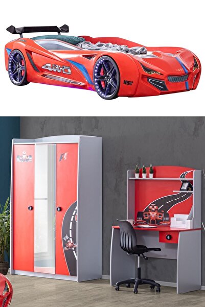 Setay Formula Genç Odası - 3 Kapılı Dolap, Mercedes Full Ledli Arabalı Yatak, Masa - Kırmızı