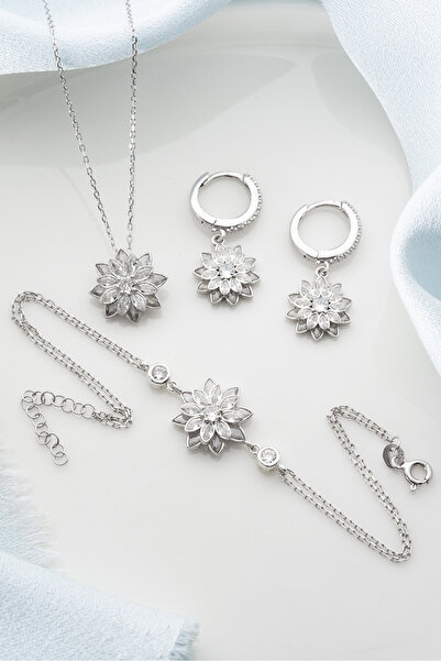 Silvano Jewelry 925 Ayar Gümüş Lotus Çiçeği Takı (Kolye-Küpe-Bileklik) Seti