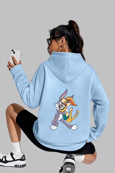 Nyda Collections Hanorac oversize unisex cu glugă cu imprimeu Bugs & Lola Bunny - mânecă lungă, bumbac