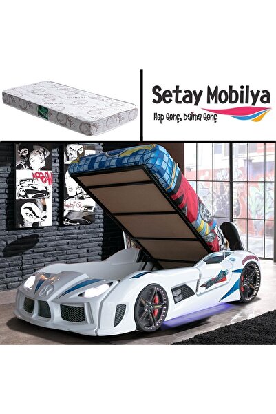 Setay Arabalı Yatak, Audi Bazalı Koltuklu Full Ledli Arabalı Yatak - Beyaz 1 Adet Comfort Yatak