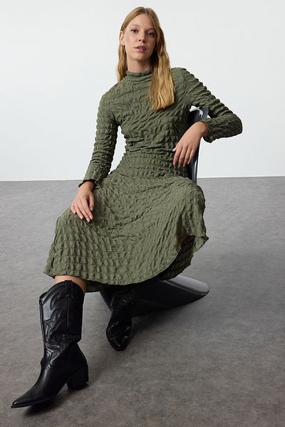 Trendyol Collection Flexible KHAki MAxi KnitteD Dress - SoliD Texture, StAnD Collar - A-Line TWOAW25EL00197