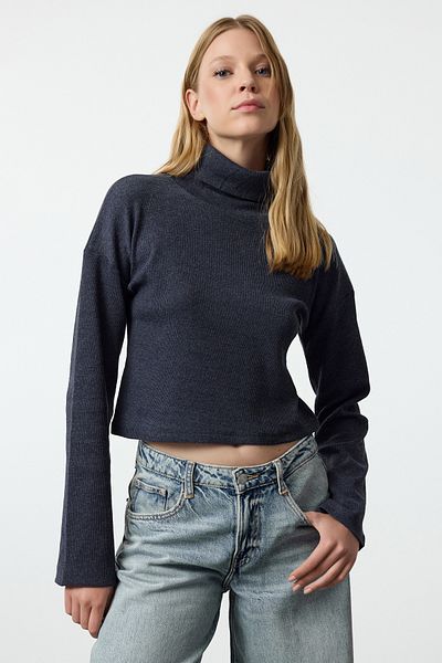 Trendyol Collection Indigo Stand Collar Strechy Crop Μπλούζα - Εφαρμογή στο σώμα, TWOAW25BZ00082