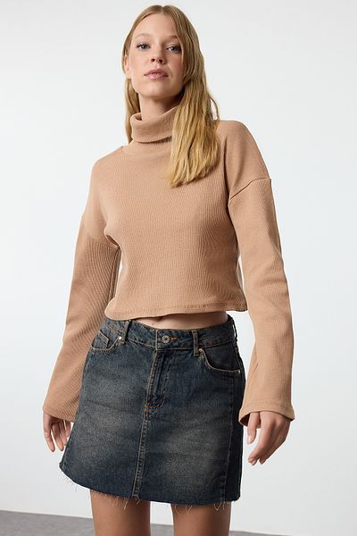 Trendyol Collection Πλεκτή μπλούζα Flexible Mink Color Crop - Stand Collar, Εφαρμοσμένη TWOAW25BZ00082