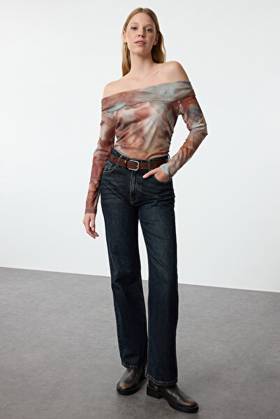 Trendyol Collection Flexible Tulle Boat Neck Blouse - Multicolor, Fitted, TWOAW25BZ00119