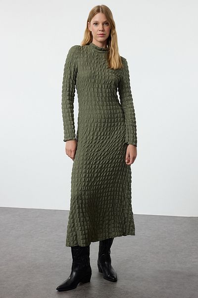 Trendyol Collection Flexible KHAki MAxi KnitteD Dress - SoliD Texture, StAnD Collar - A-Line TWOAW25EL00197