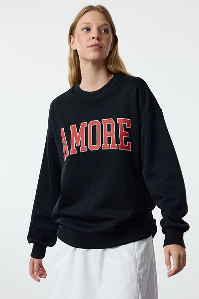 Trendyol Collection Navy Blue Fleece Oversize Slogan Vyšívaná pletená mikina - TWOAW25sw00031