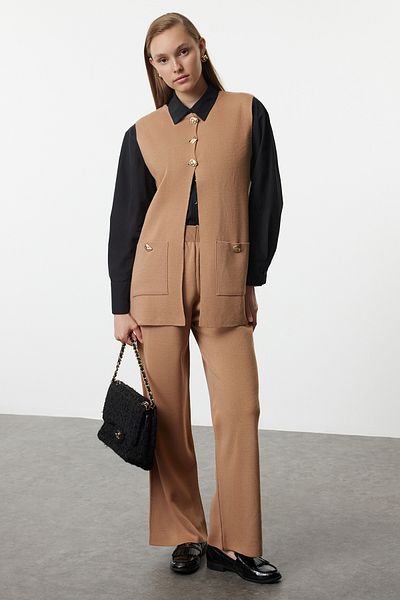 Trendyol Modest Camel Knitwear Vest and Trousers Set - Button Detailed TCTAW25US00067