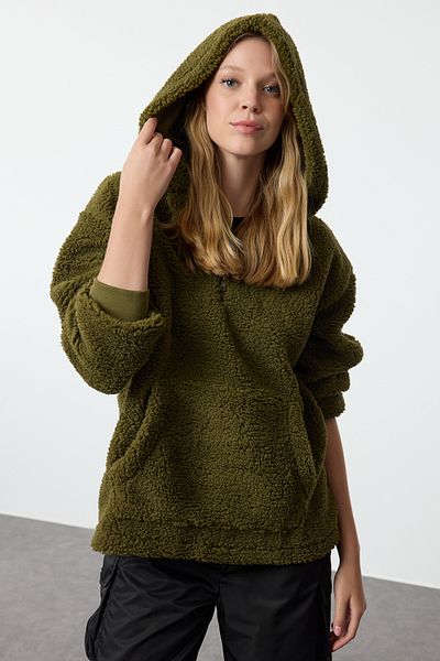Trendyol Collection Oversize khaki plyšová pletená mikina - se zipem a kapucí TWOAW25SW00096