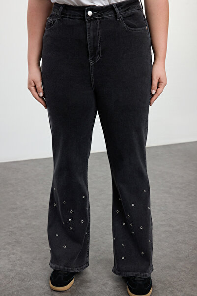 Trendyol Curve Szürke, nagy méretű farmernadrág magas derékkal és fűzőlyukkal - spanyol láb TBBAW25CJ00011