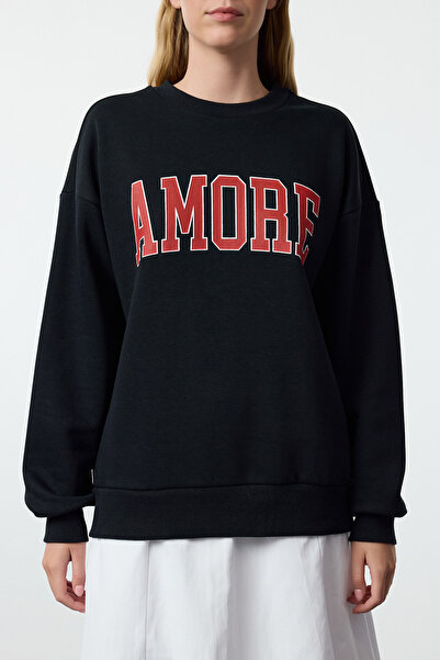 Trendyol Collection Navy Blue Fleece Oversize Slogan Vyšívaná pletená mikina - TWOAW25sw00031