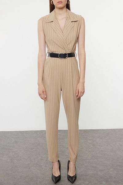 Edit by Trendyol Beige Stretch Knitted Jumpsuit - Double Breasted Collar and Belt TEDAW25TU00000