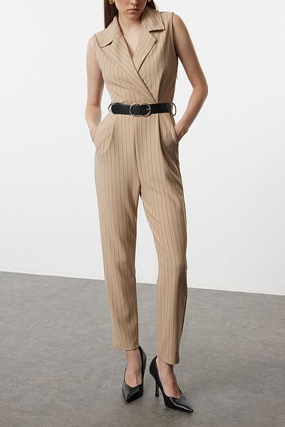 Edit by Trendyol Beige Stretch Knitted Jumpsuit - Double Breasted Collar and Belt TEDAW25TU00000