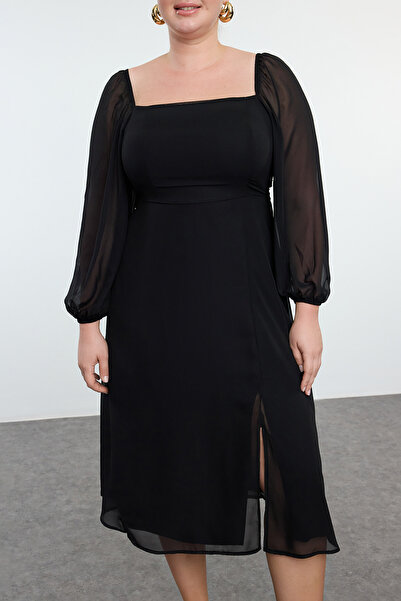 Trendyol Curve Czarna szyfonowa sukienka midi z kwadratowym dekoltem – rozcięcie, duże rozmiary TBBAW23AH00107