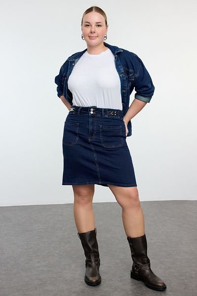 Trendyol Curve Plus Size Dark Blue Denim Skirt - Accord Detailed