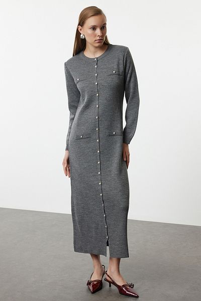 Trendyol Modest Kötött, antracit gombos ruha - TCTAW25EB00069