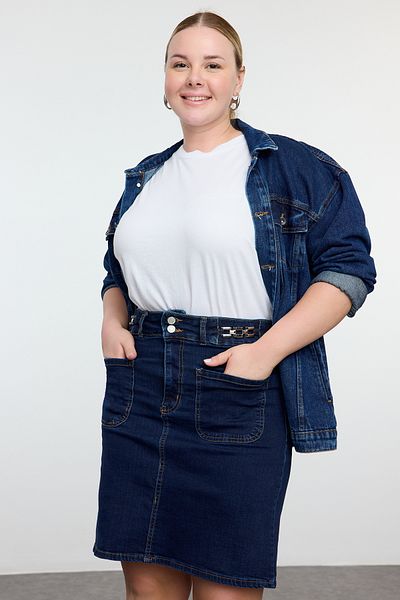 Trendyol Curve Plus Size Dark Blue Denim Skirt - Accord Detailed