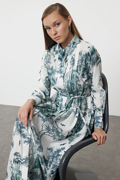 Trendyol Modest Φόρεμα υφαντό πουκάμισο με πράσινο σχέδιο με κουμπιά TCTAW25EB00106