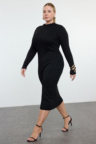 Trendyol Curve Premium Corded Black Knitwear Dress - Stand Collar TBBAW25AH00023