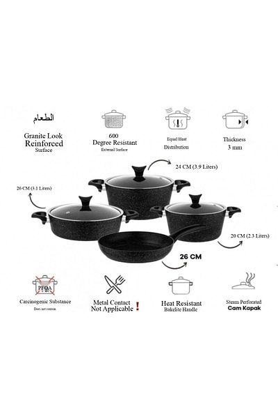 Taç Mastercook 7 Piece Granite Cookware Set - Black