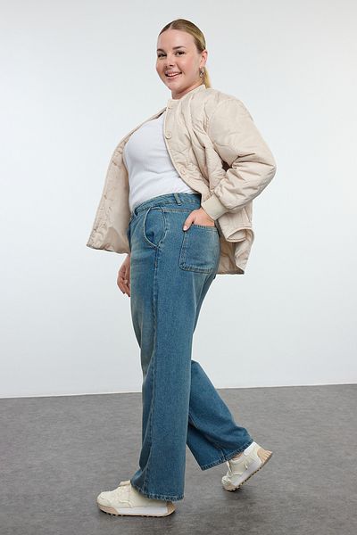 Trendyol Curve Magas derekú, széles lábú, nagyméretű kék ​​farmernadrág - TBBSS24CJ00048