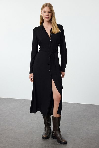 Trendyol Collection Viskózové midi košilové šaty – černý pásek, tkané, Twoaw25el00436