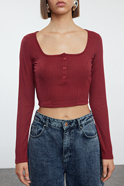Trendyol Collection Stretchy Corded Crop Knitted Blouse - Square Collar, Claret Red Button Detail TWOAW23BZ00384