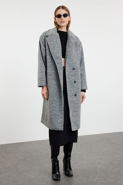 Trendyol Collection Vlněný midi kabát Regular Fit – podrobný šedý límec TWOAW25KB00042