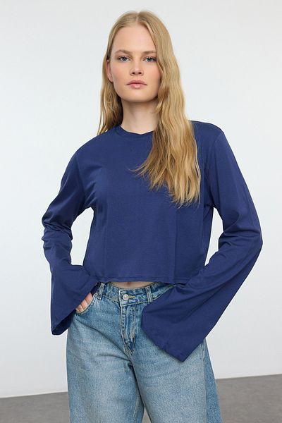 Trendyol Collection Sötétkék Crop Crew nyakú póló - 100% pamut, széles szabású TWOAW22TS0042