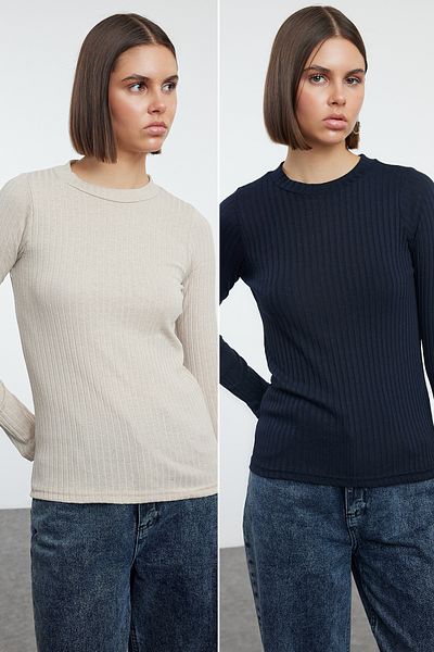 Trendyol Collection Crew Neck Navy Blue-Stone Knitted Blouse 2 Pack - TWOAW25BZ00066