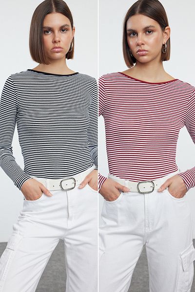 Trendyol Collection Rugalmas zsinóros kötött blúz - fekete-piros csíkos, hát nélküli TWOAW25BZ00055
