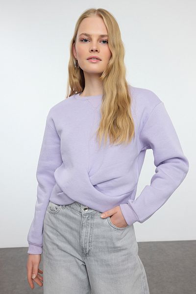 Trendyol Collection Hanorac tricotat cu decolteu rotund, cu detaliu de răsucire liliac, crop gros, cu lână în interior TWOAW25SW00081