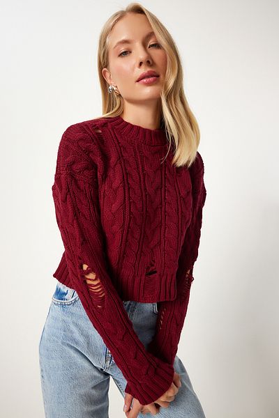 Happiness İstanbul Weinroter Strickpullover – zerrissenes Detail, gestrickt, FN03339