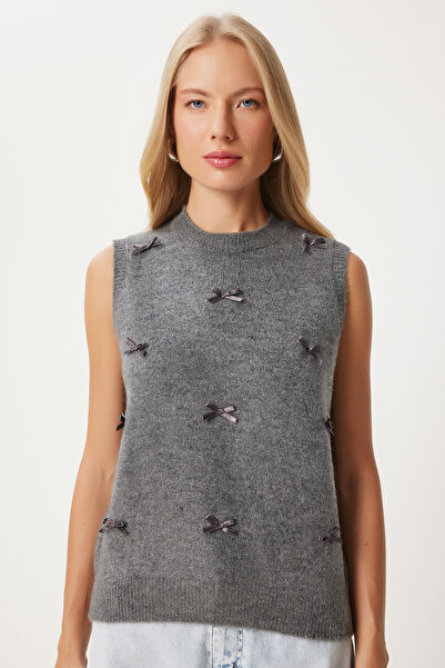 Happiness İstanbul Anthracite Bow Detailed Women's Knitwear Sweater - Pf00079