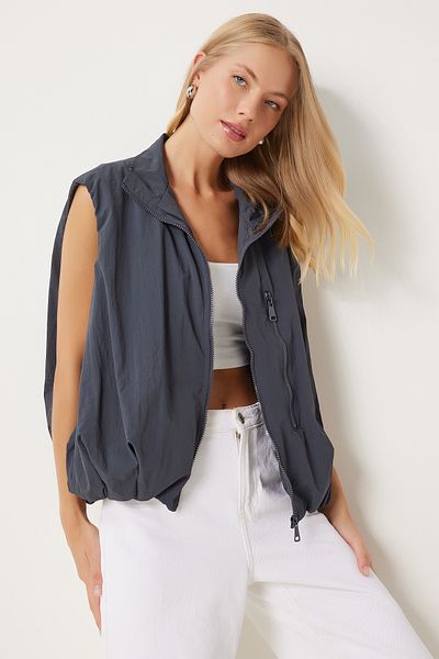 Happiness İstanbul Smoked Women's Parachute Vest - Stand Collar and Waist Elastic Rg00041