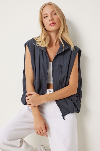 Happiness İstanbul Smoked Women's Parachute Vest - Stand Collar and Waist Elastic Rg00041