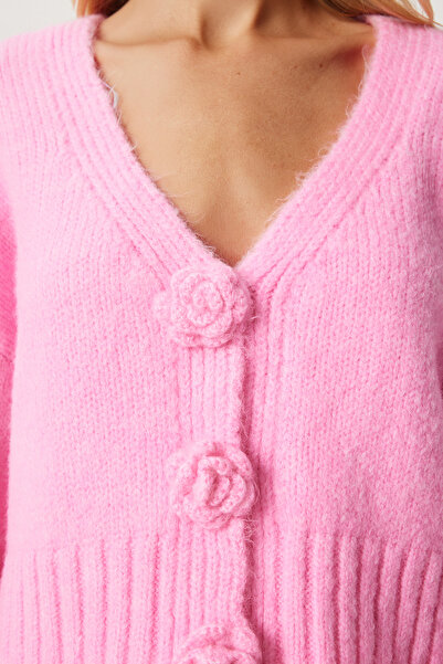Happiness İstanbul Rózsaszín Pompom virágos női kötöttáru kardigán - Pf00078
