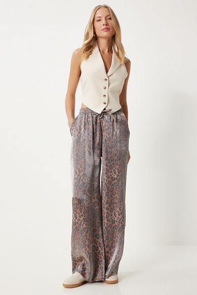 Happiness İstanbul Leopard Patterned Shiny Surface Black Beige Women's Trousers - An00209