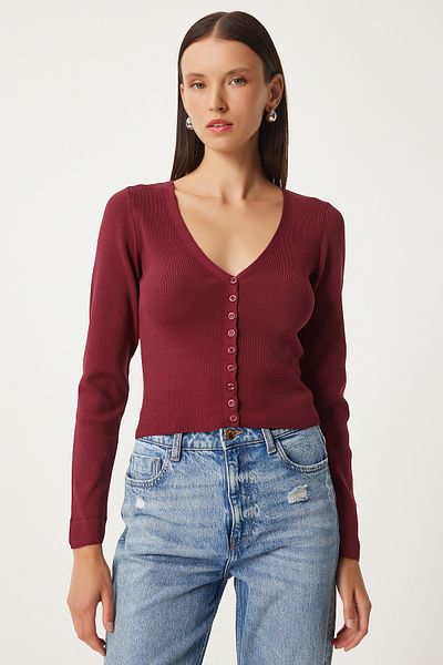 Happiness İstanbul Bordeauxrote Strickjacke für Damen mit V-Ausschnitt - FN03356