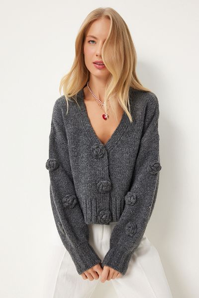 Happiness İstanbul Anthracite Knitwear Cardigan - Pompom Flower Detailed, Women's, Pf00078
