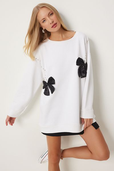 Happiness İstanbul Weißes Strick-Sweatshirt mit Steindetail und Band - Vn00011