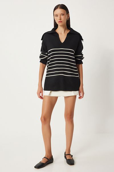 Happiness İstanbul Black Striped Oversize Knitwear Sweater - Shawl Collar Fn03345