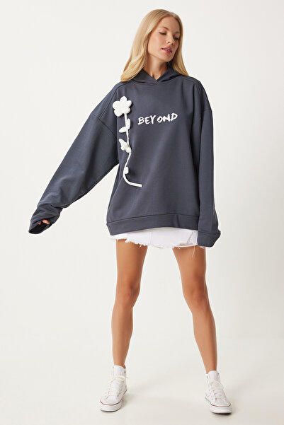 Happiness İstanbul Gray Floral Detailed Hooded Women's Sweatshirt - Vn00010