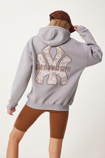 Happiness İstanbul Gray Oversize Hooded Women's Sweatshirt - Vn00009