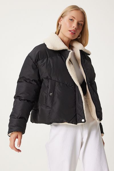 Happiness İstanbul Černá plyšová bunda Puffer - dámská Nt00431