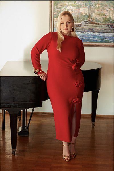 Trendyol Curve Plus Size Red Maxi Dress - Woven with Boat Neck and Slit and Roses TBBAW25AH00058
