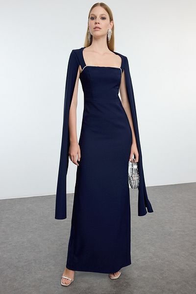 Trendyol Collection Marineblaues, ungefüttertes, gewebtes, langes, stilvolles Abendkleid und Heimkehrkleid TPRAW25AE00012