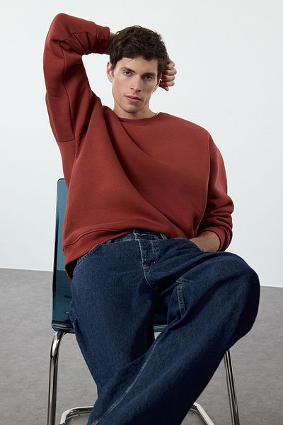 Trendyol Collection Fleece-Sweatshirt aus Baumwolle in Übergröße – Tile TMNAW25SW00011