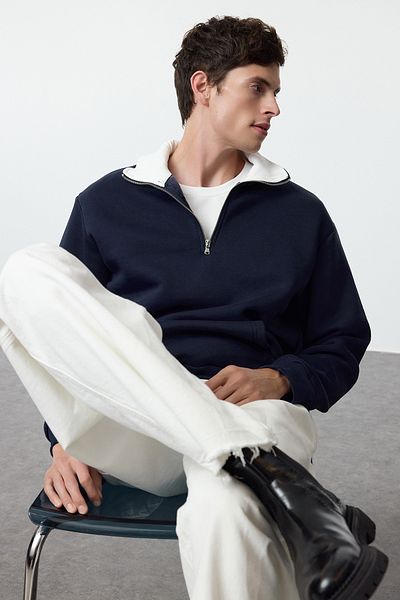 Trendyol Collection Fleecová oversize mikina v námořnické modré - stojáček, zip Tmnaw25Sw00081